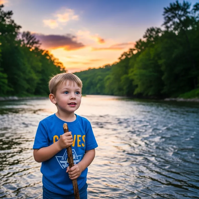 Boy by River in Blue T-Shirt | Beautiful Sunset Landscape Boy by River in Blue T-Shirt | Beautiful Sunset Landscape