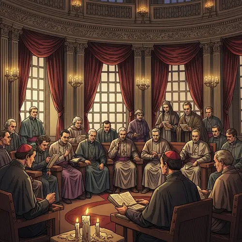 Illustration of Religious Conclave in Ornate Circular Room