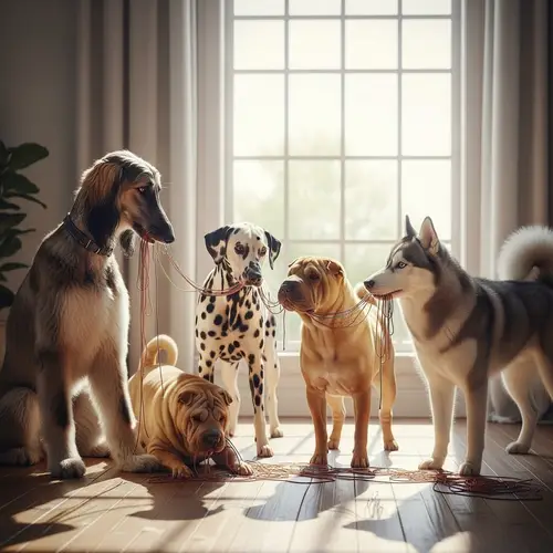 Colorful Dogs Playing with Threads | Joyful Canine Interaction