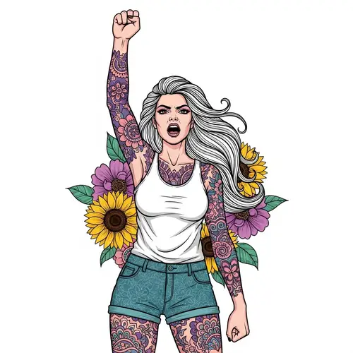 Rebellious Woman with Vibrant Tattoos | Edgy Digital Painting
