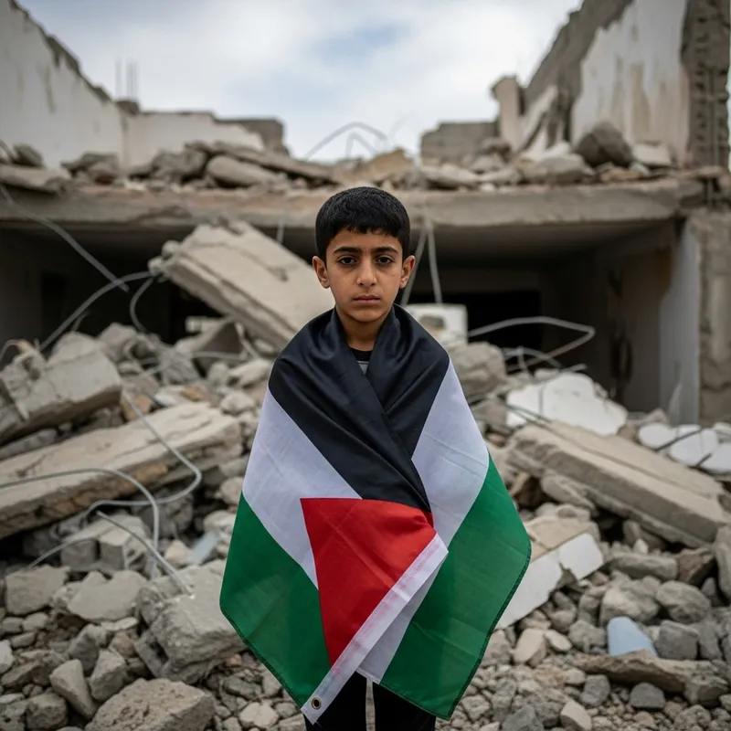 Young Boy Standing in Front of Destroyed Home with Palestinian Flag