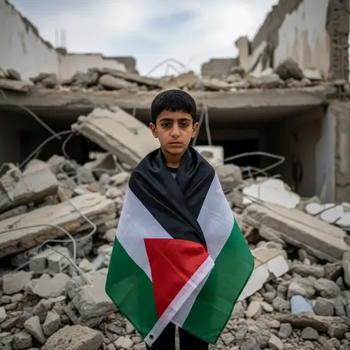 10-Year-Old Boy with Arabic Features in Front of Ruined House
