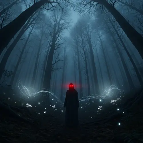 Mysterious Figure in Foggy Forest - Dark Atmosphere