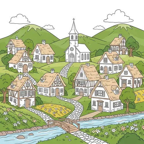 Whimsical Village Coloring Page for Kids - Fun and Creative Design