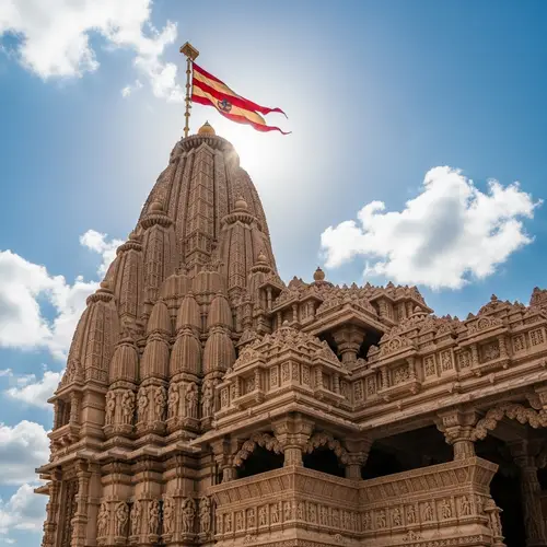Dwarkadhish Temple | Carved Sandstone Exterior Against Blue Sky