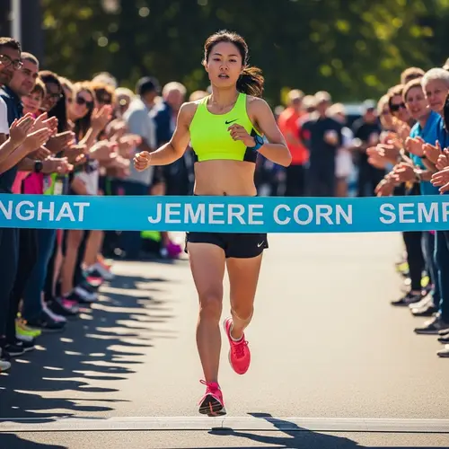 Vibrant Athleticism: Asian Runner at Finish Line in High Contrast