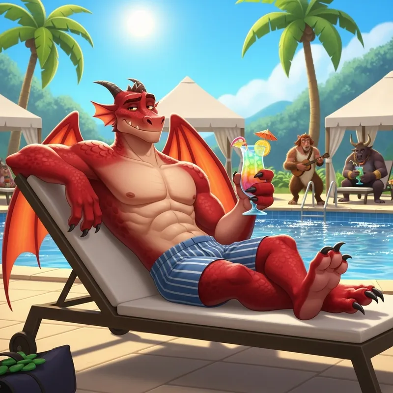 Male Dragon Demi-Human by Pool Relaxing in Casual Boxers