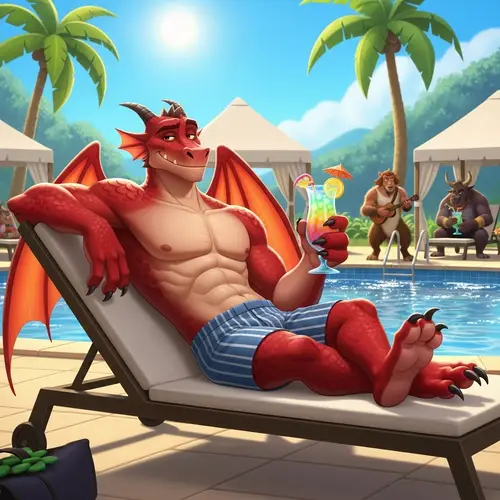 Male Dragon Demi-Human by Pool - Fantastical Cartoon Character