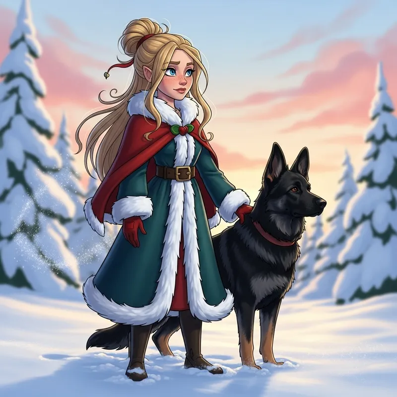 Realistic Female Grinch with German Shepherd in Snow Field Realistic Female Grinch with German Shepherd in Snow Field