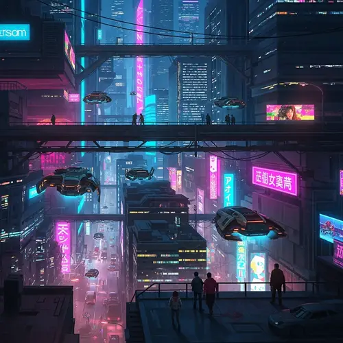 Neon-Lit Futuristic Cyberpunk Cityscape at Night