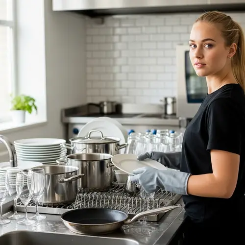 Blonde Dishwasher in Grey Gloves - Clean Kitchen