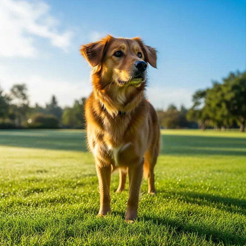 Happy Medium-Sized Dog in Sunlit Park | Nature Photography Happy Medium-Sized Dog in Sunlit Park | Nature Photography