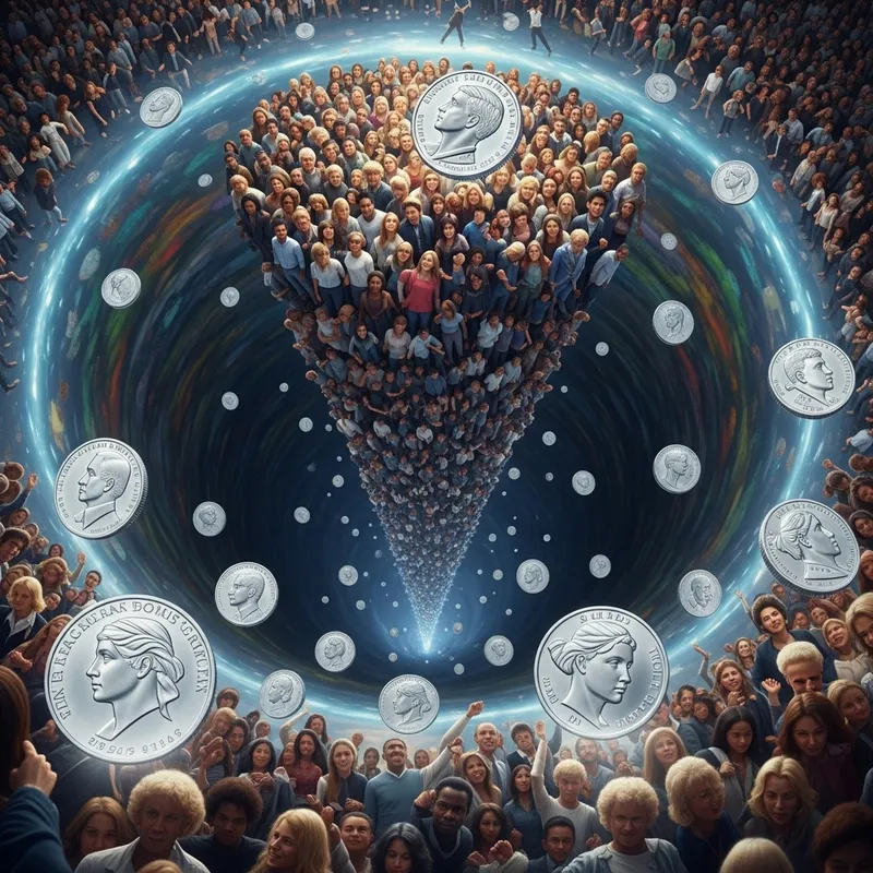 Surreal Vortex: Diverse Individuals Transformed into Shiny Silver Coins Surreal Vortex: Diverse Individuals Transformed into Shiny Silver Coins
