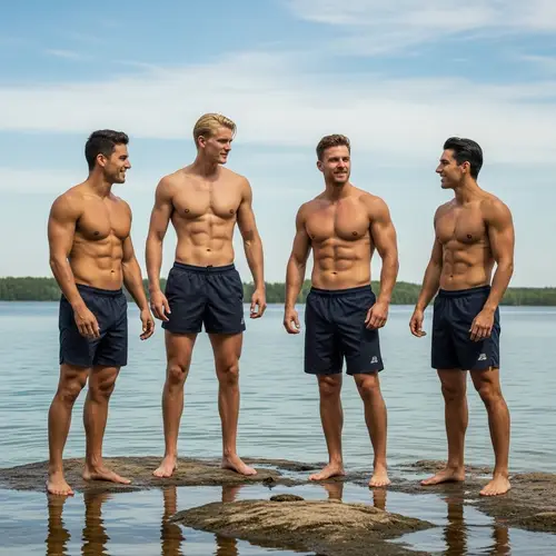 Dynamic Poses of Four Individuals in the Centre of a Serene Lake