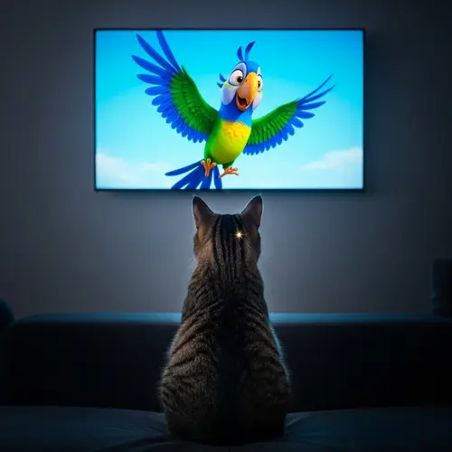 Cat Watching Animated Parrot on TV
