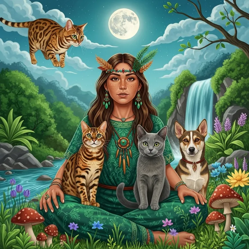 Golden Bengal Cat and Shaman Woman in Enchanted Natural Realm Golden Bengal Cat and Shaman Woman in Enchanted Natural Realm
