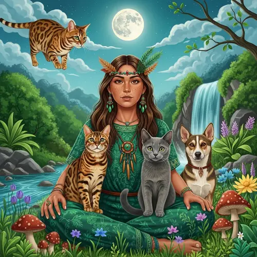 Golden Bengal Cat with Shaman Woman and Animal Companions in Lush Natural Setting