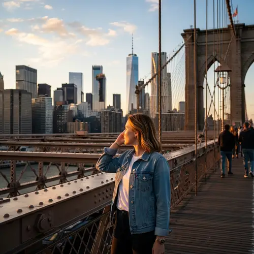 Caucasian Woman from Nebraska on Brooklyn Bridge