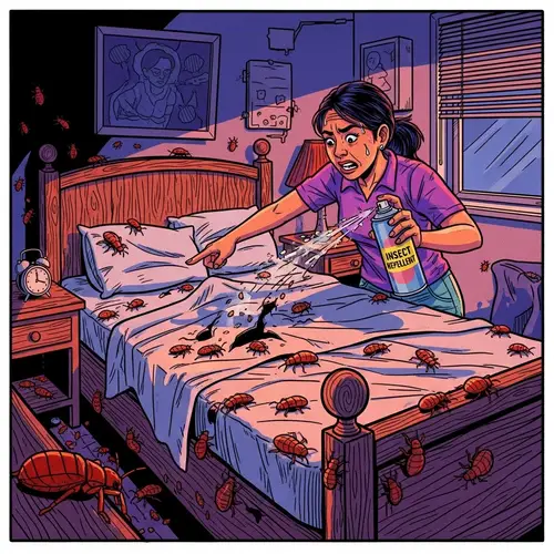 Vibrant Comic Strip Illustration of Woman Battling Bed Bugs