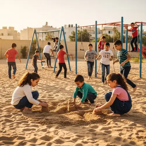 Joyful Palestinian Children Playing in Sunlit Playground
