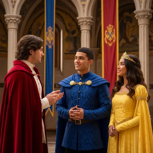 Medieval Court Conversation with Red, Blue, and Yellow Princes and Princess