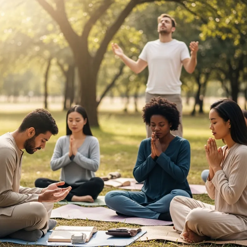 Diverse Prayer Gathering in Serene Open Setting