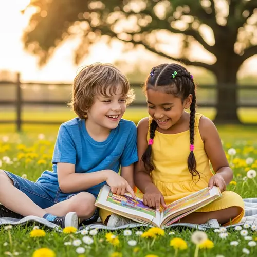 Childhood Friendship: Kids Joyfully Sitting Together Outdoors