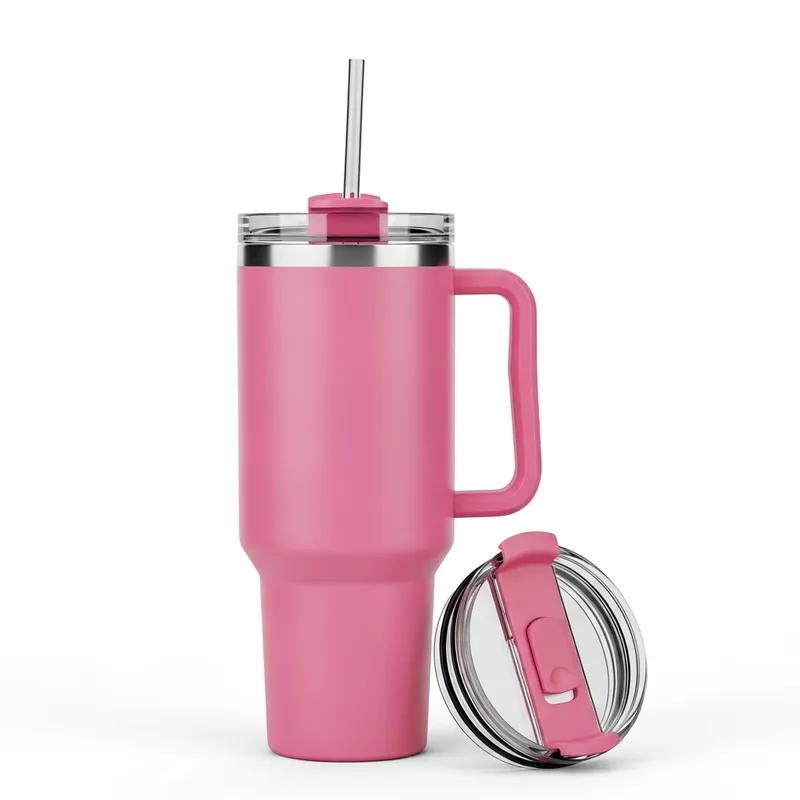Tall Pink Tumbler Cup with Handle, Lid, and Straw