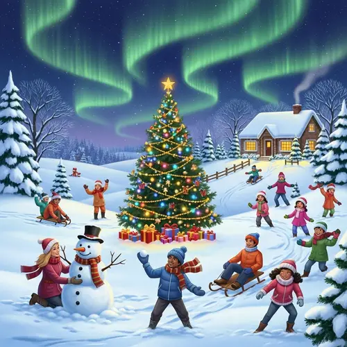 Magical Christmas Scene with Snow, Lights, and Fun
