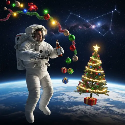 Astronaut Floating in Space with Christmas Decorations