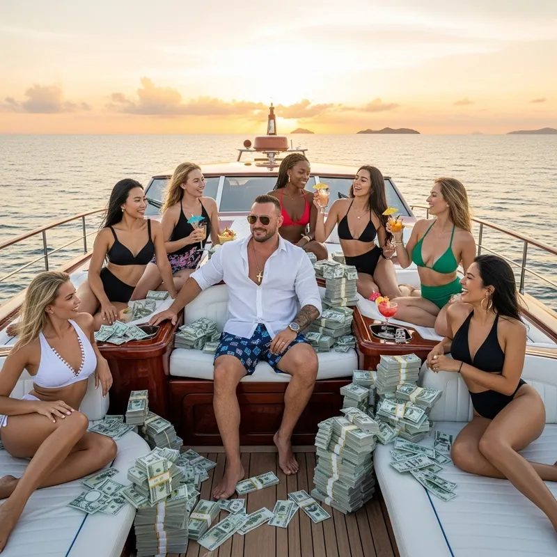 Wealthy Man on Expensive Yacht Surrounded by Cash and Beautiful Women