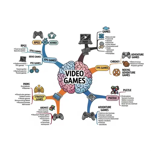 Detailed Video Game Mind Map: RPGs, FPS, Strategy, Adventure, Puzzle Games