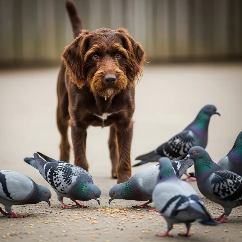 Pudelpointer Dog Playfully Watching Pigeons