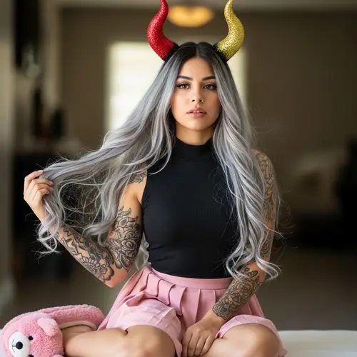 Hispanic Girl with Grey Hair and Red-Gold Horns