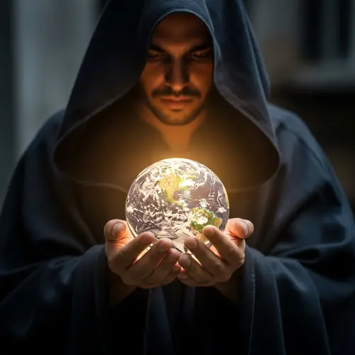 Mysterious Hooded Man with Earth Replica