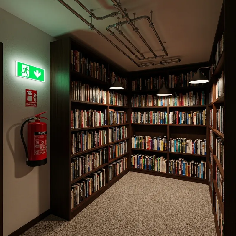 3D Library Room with Books, Shelves, and Fire Safety