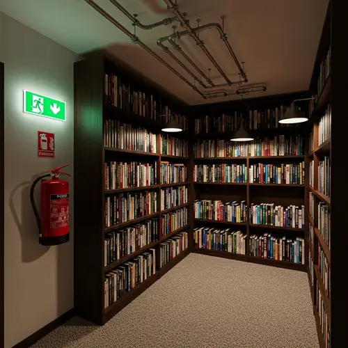 Cozy Library Room with Books and Fire Safety Features