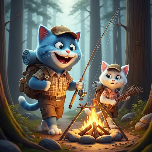 Blue Cat Tom Camping Adventure in Forest with White Cat Spouse
