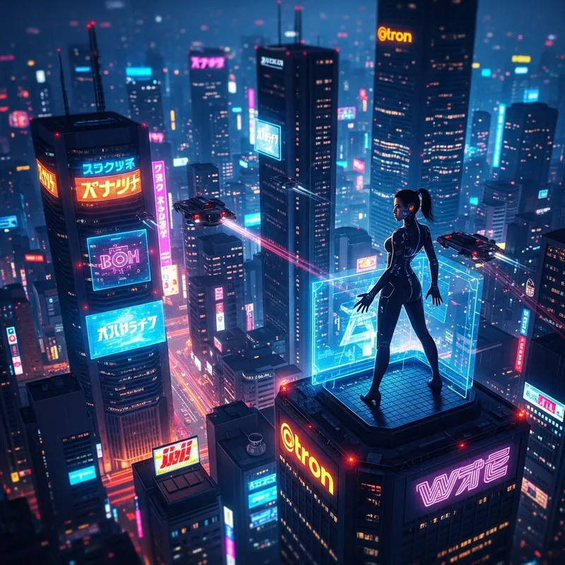 Neon-lit Tokyo Cyberpunk Cityscape with Female Cyborg Neon-lit Tokyo Cyberpunk Cityscape with Female Cyborg