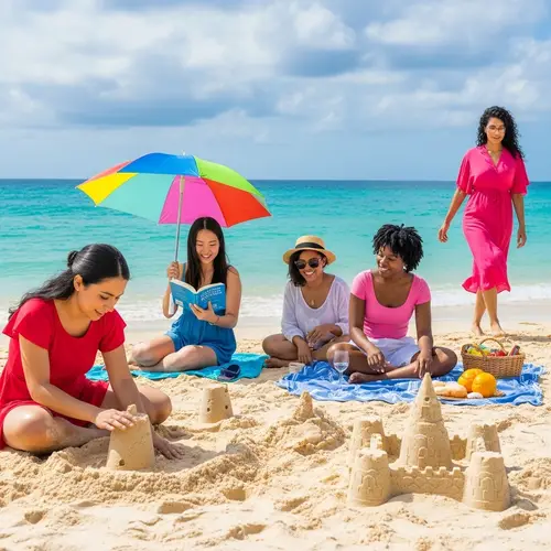 Diverse Women Enjoy Beach Day | Colorful Attire & Fun Activities