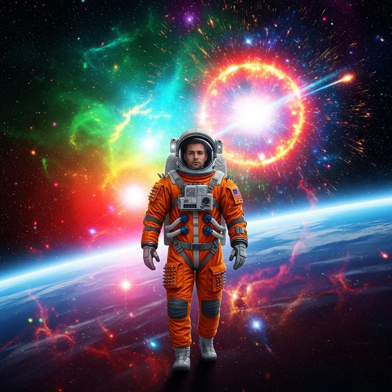 Astronaut Wandering in Vibrant Cosmic Space with Supernova Bursting