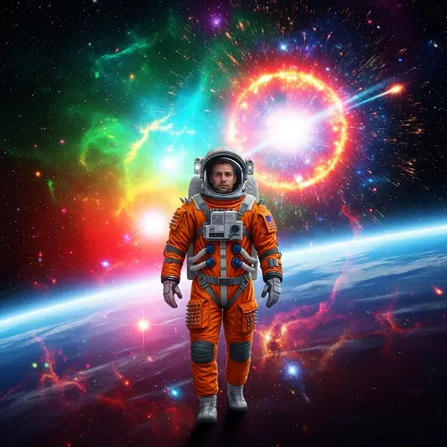 Colorful Space Adventure: Astronaut in Supernova Burst Scene