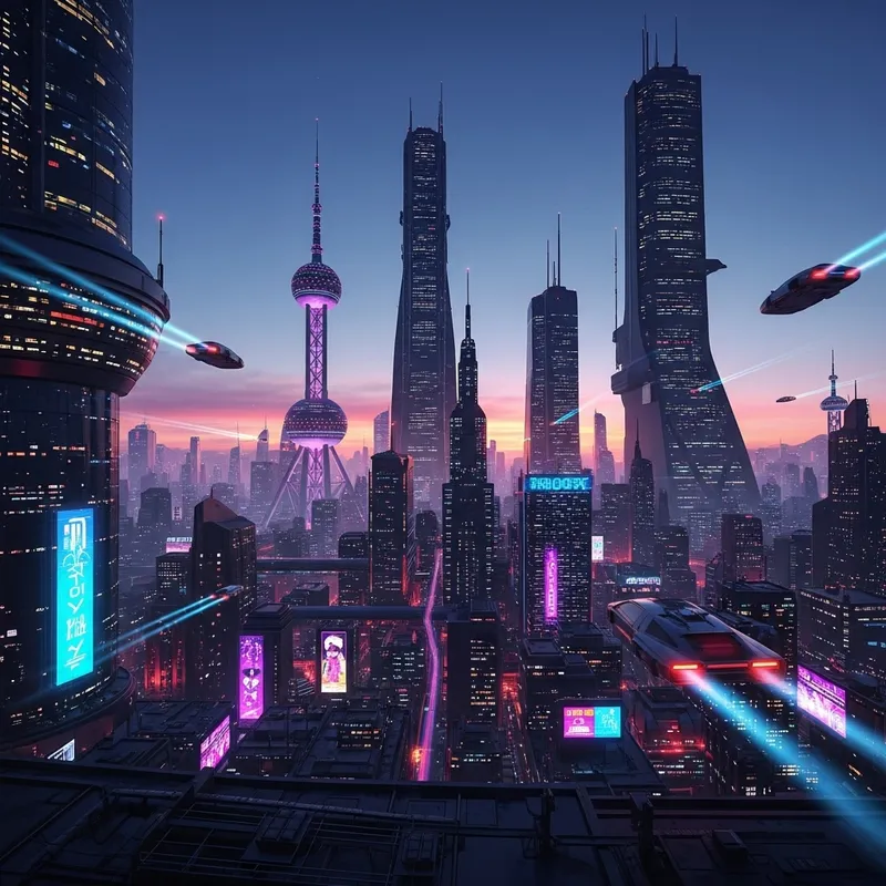Vibrant Neon Cyberpunk Cityscape at Dusk | Syd Mead Inspired Vibrant Neon Cyberpunk Cityscape at Dusk | Syd Mead Inspired