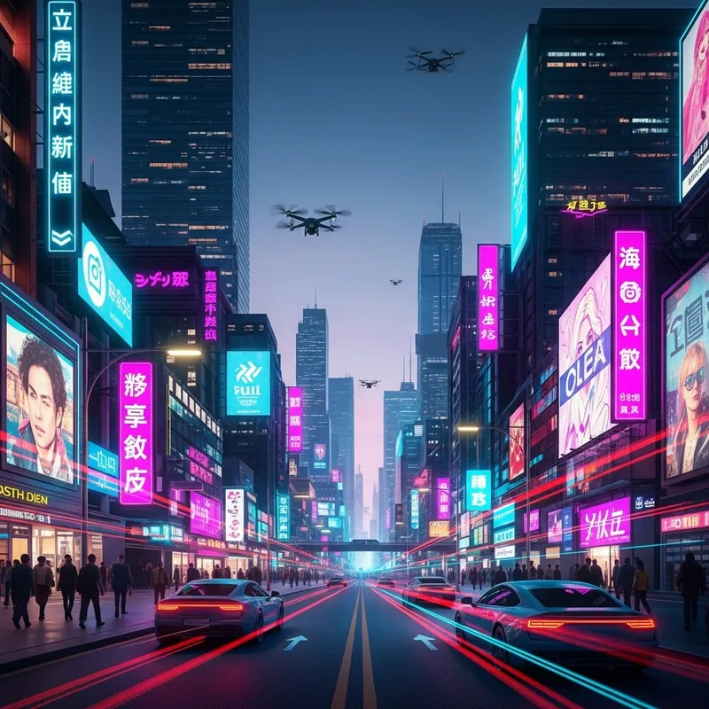 Cyberpunk Urban Cityscape: Neon Haze & Drones