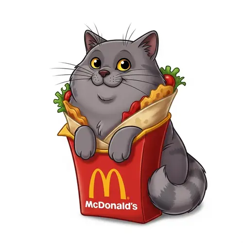 Adorable Grey Chartreux Cat in McDonald's Wrap Illustration