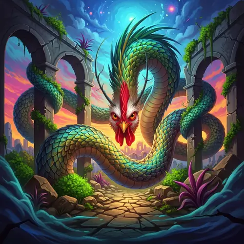 Mythical Chicken-Headed Serpent in Surreal Digital Art