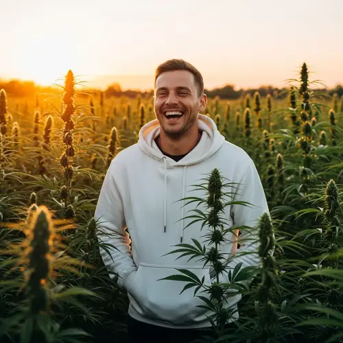 Joyful Caucasian Man in Hemp Plantation at Sunset