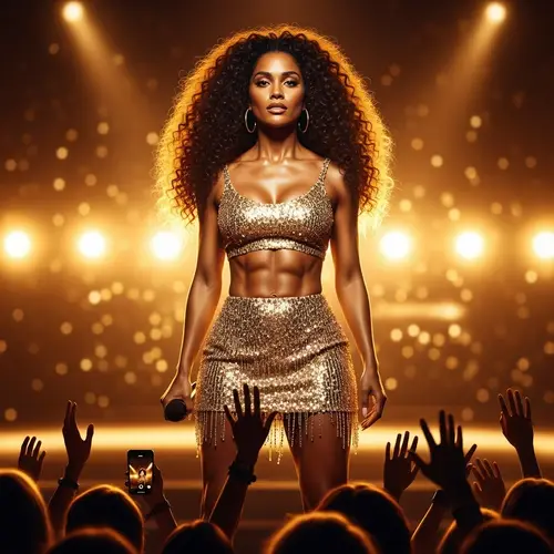 Radiant Female Pop Singer in Gold Sequin Dress on Stage