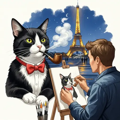 Tuxedo Cat in Paris: Elegantly Puffing a Pipe | Enchanting Scene