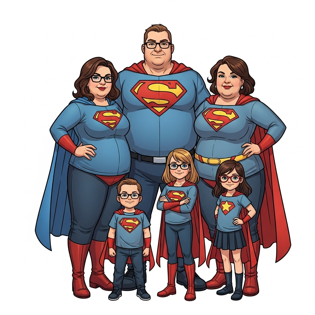 Superhero family portrait showing each member with their unique traits and powers in vibrant colors